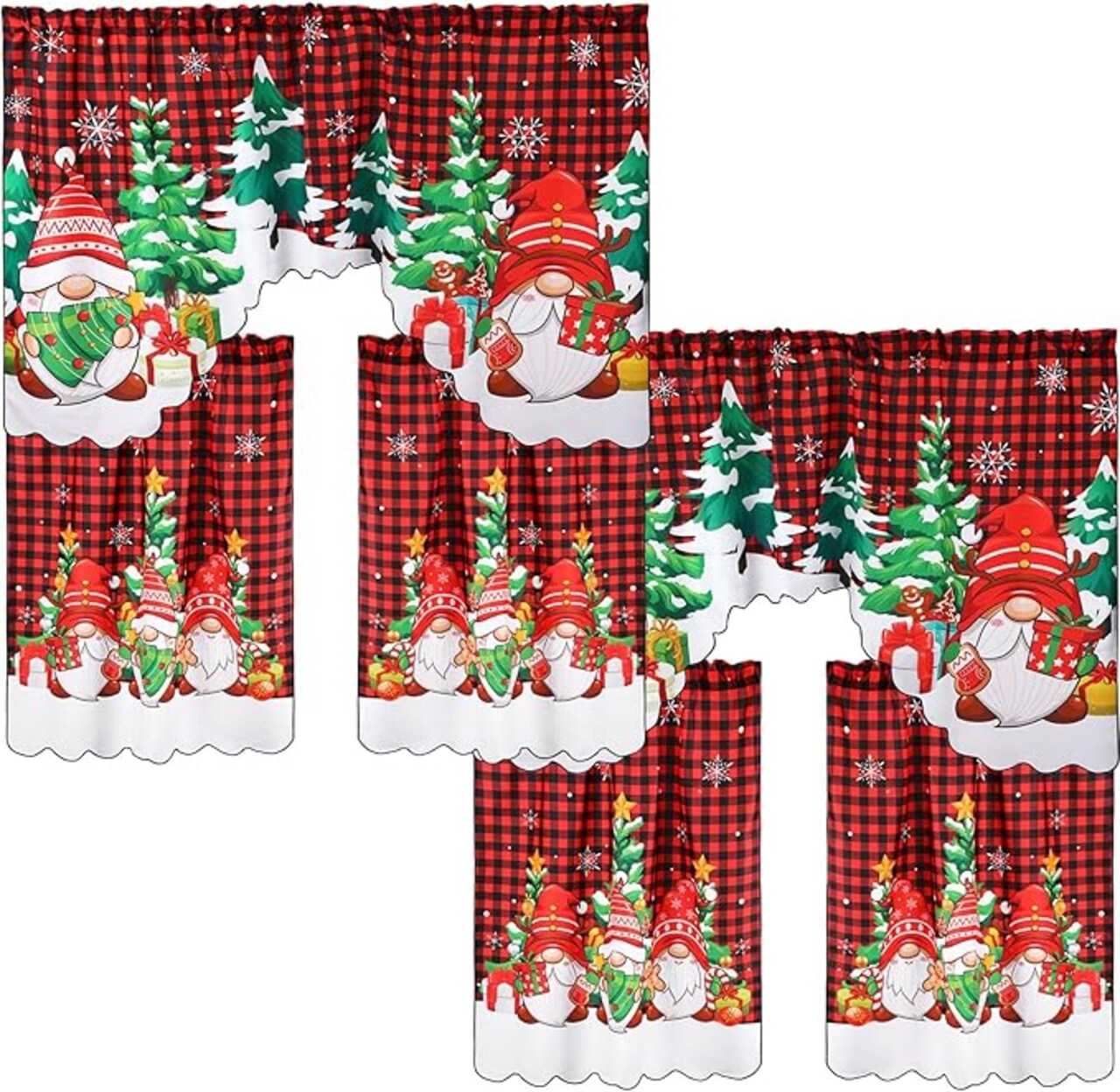 6 Pcs Christmas Kitchen Curtains Window Curtains and Valance Set Snowman Christmas Tree Gnome Buffalo Plaid Christmas Curtains Swag for Bedroom Living Room, 60 x 36 Valance, 36 x 30 Tier